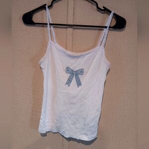 Elegant White Cami with Lace and Blue Bow Semk New